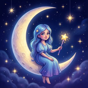 一個藍髮女孩坐在新月上，在星空下拿著發光的星星魔杖。