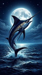 馬林魚在滿月和星空下從海洋躍出