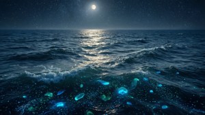 月光下的海洋，發光的水母在星空下漂浮在水面上。