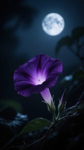 夜晚滿月下一朵發光的紫色月亮花