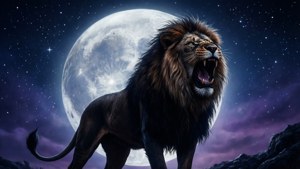 一頭獅子在滿月下，在帶有紫色雲彩的星空夜晚中咆哮。