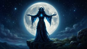 一個有角和發光藍色長袍的巫師，在滿天星斗的滿月下站在懸崖上。