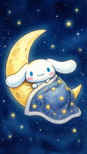 一隻白色兔子在星空下的新月上，裹著星星毯子睡覺。
