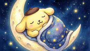 一隻戴棕色帽子的黃色小狗在星夜下的新月上睡覺。