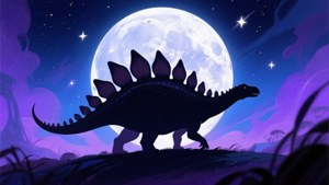 在紫色夜空下，一隻劍龍的剪影站在山丘上，背景是滿月和星星。