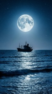 一艘船在平靜的海面上航行，明亮的滿月和星空。
