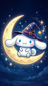 一隻戴著巫師帽的卡通兔子坐在被星星包圍的新月上。