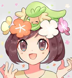 短棕髮、眼睛閃閃發亮的動畫女孩，戴著一個有綠色寶可夢探出頭的花冠。 — 唯美月亮動圖 壁紙