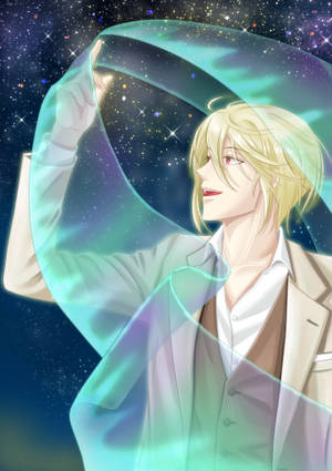 動漫男子穿西裝在星空下握著發光宇宙絲帶