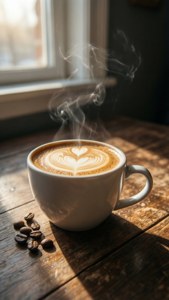 白色咖啡杯，心形拉花藝術，木桌，窗邊，咖啡豆