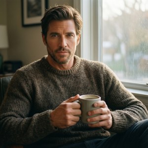 男人在窗邊拿著咖啡杯，穿著舒適毛衣