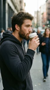 男人邊行邊飲咖啡