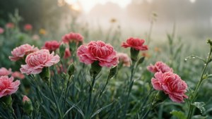 霧氣花園中日出時帶有露珠的粉紅康乃馨