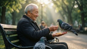 一位長者在公園長椅上餵鴿子，陽光穿過樹木灑落。