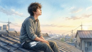 年輕男子坐在屋頂上，在金色日落時分手持箭頭向上指