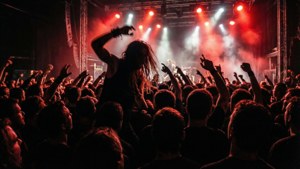 在紅色和白色舞台燈光下被高舉在歡呼的演唱會觀眾之上的 crowd surfer。