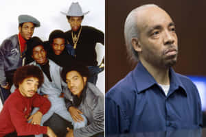 一個1980年代R&B團體和一位穿著藍色襯衫的嚴肅年長黑人男性的分割肖像。 — 拼貼 GIF 壁紙