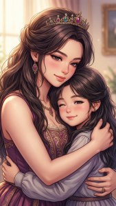 一位戴著鑲嵌珠寶王冠的女王在陽光明媚的皇家房間裡擁抱一個年輕女孩。