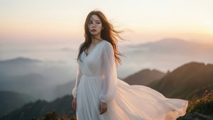 身穿白色連衣裙的女性在日出時站在山頂上，身後是霧氣繚繞的山丘