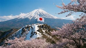 白雪覆蓋的富士山、日本國旗、前景的粉紅櫻花