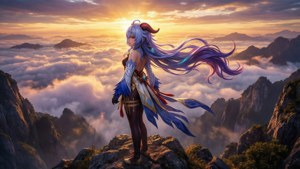 紫髮動漫少女站在日出時雲端上的山頂