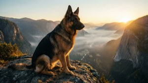 德國牧羊犬坐在懸崖邊緣，俯瞰日出時霧氣瀰漫的山谷