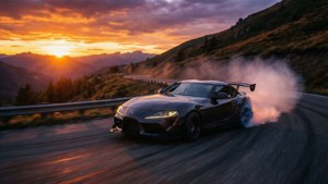 日落時分，黑色跑車在山路上飄移，伴隨濃煙。