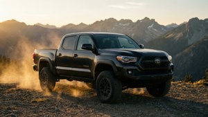 黑色豐田Tacoma pickup truck在日落時分於泥路上行駛，背景有山脈