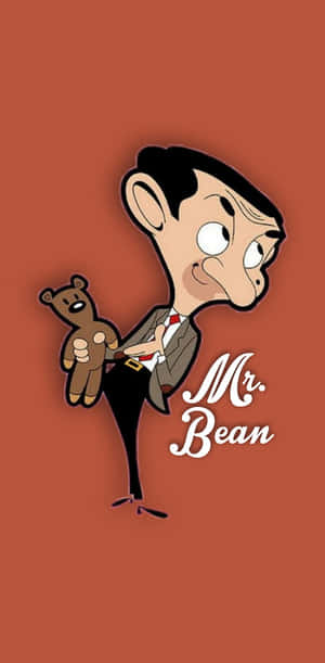 Mr Bean 卡通角色抱著一隻泰迪熊，他的名字寫在下方。 — Pixel 3 壁紙