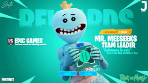 藍色Meeseeks角色在Fortnite獎勵畫面中拿著一個綠色盒子。 — 火影忍者海報 壁紙