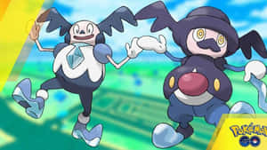 兩個動畫寶可夢角色與PokéGO標誌一起快樂地跳舞。