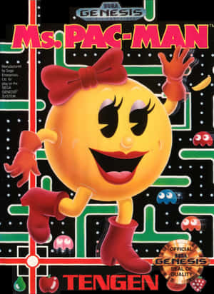 Ms Pac Man 喺復古電子遊戲封面，有鬼魂同生果。 — iPad 第9代 壁紙