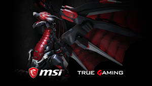 帶有機械翅膀和MSI True Gaming標誌的紅色和黑色裝甲龍。