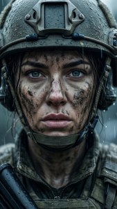 一名滿身泥濘的士兵身穿戰鬥裝備，在雨中用堅定的眼神凝視。