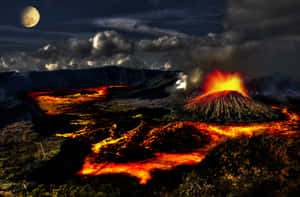 滿月下夜間火山爆發，熔岩流湧出。