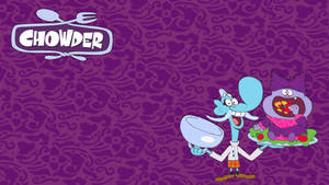 兩個來自《Chowder》的動畫角色在紫色圖案背景上拿著食物托盤。