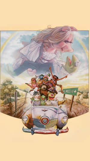 Muppet 喺車上進行公路旅行，Miss Piggy 喺上面浮住抱住 Kermit。 — 布公仔大電影 GIF 壁紙