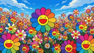 藍天白雲下色彩繽紛的微笑花朵田野
