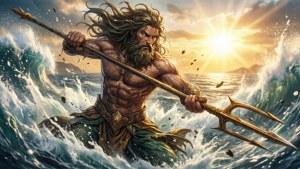 手持三叉戟的海神在日落時分乘風破浪。