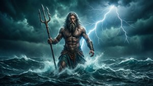 海神在雷暴中站立於湍急的水中，手持三叉戟。