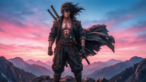 肌肉發達的武士，手持雙刀，站在日落時分的山頂上。