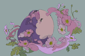 一個在粉紅色花朵和綠色葉子中睡覺的紫色生物。 — 藝術 壁紙