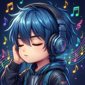 藍色頭髮的年輕動漫男孩通過發光耳機聽音樂，被色彩繽紛的音符包圍。