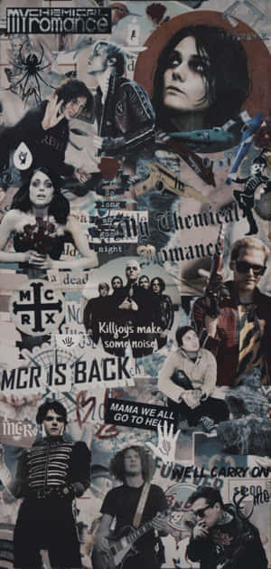 My Chemical Romance 樂團拼貼，歌詞和標誌以黑白紅呈現。