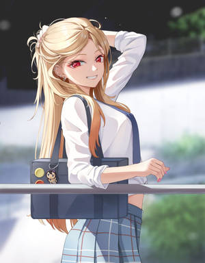 金髮紅眼的動漫女孩夜晚靠在欄杆上微笑。
