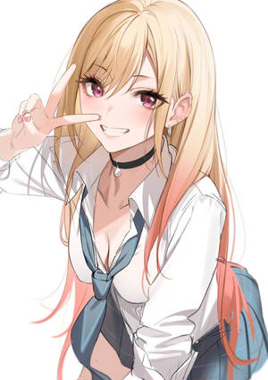 金色頭髮和粉紅色眼睛的動漫女孩微笑著做出和平手勢。