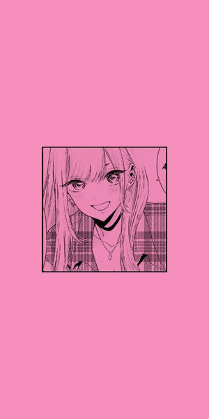 長髮動漫女孩在粉紅色漫畫面板中微笑。