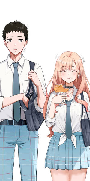 動漫男孩和女孩穿著校服，一個拿著糕點微笑，另一個驚訝。