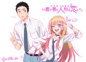 穿著校服的動漫男孩和女孩，以粉紅色輪廓和日文字開心擺姿勢。