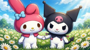 My Melody 和 Kuromi 在晴朗的日子裡於雛菊田手牽手。